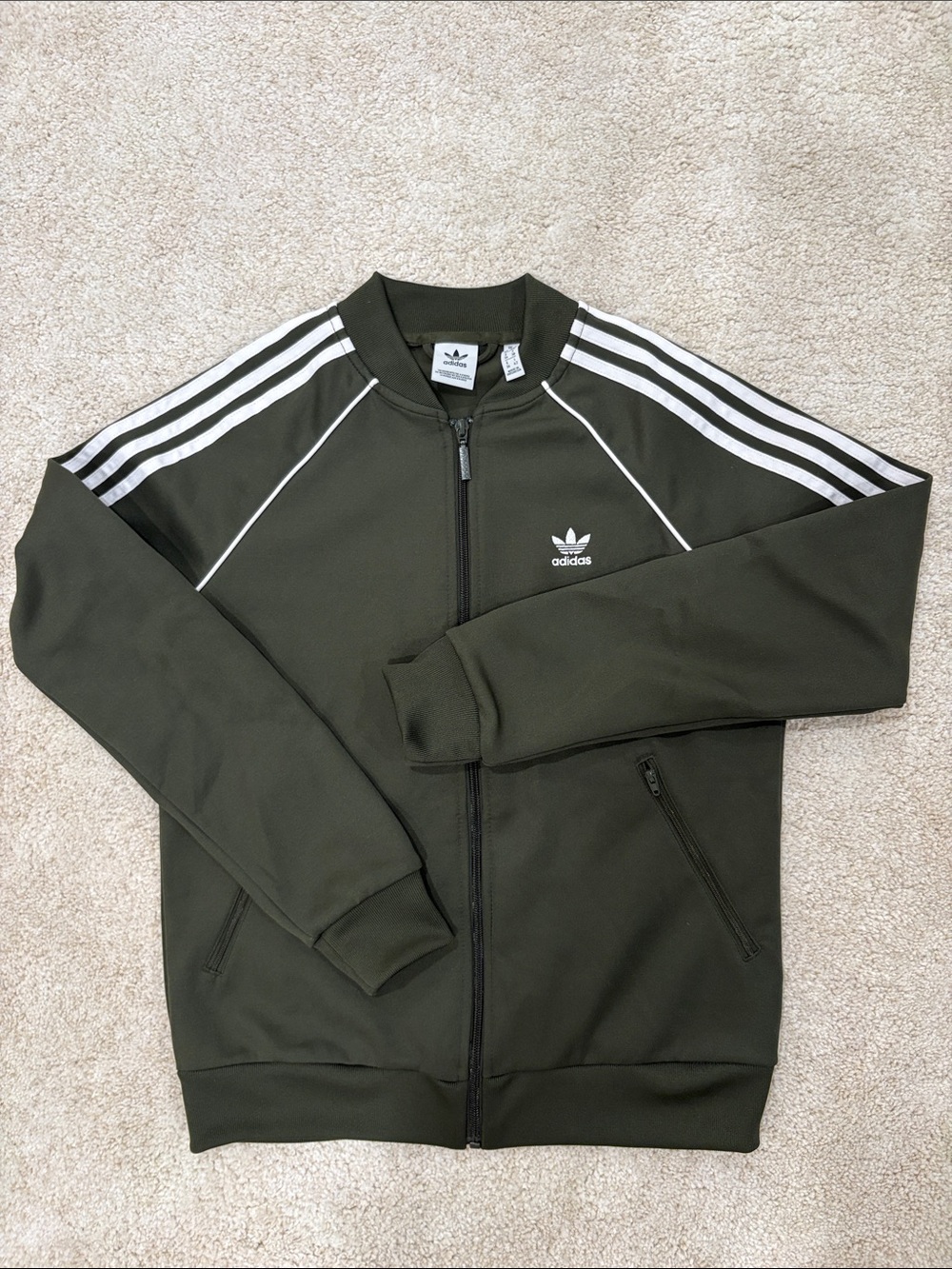 adidas Olive Zip-Up Track Jacket with White Stripes